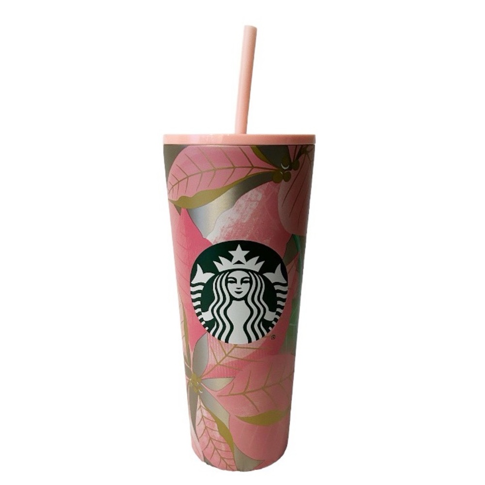 NWT STARBUCKS Holiday 2020 Pink Poinsettia Tumbler Stainless Steel Venti 24oz